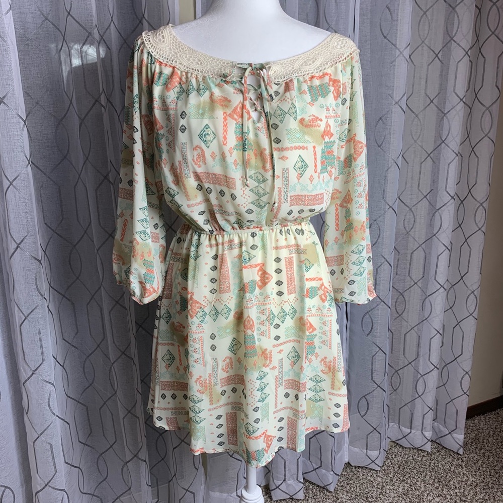 By HS Crochet and Tie Detail Elastic Waist Dress M